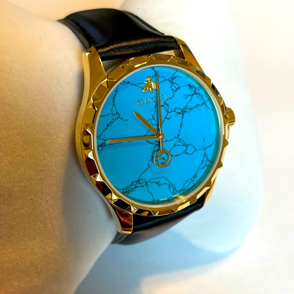 Gucci G-Timeless Swiss Quartz Gold-Tone Leather Dress Black Men's Watch YA126462